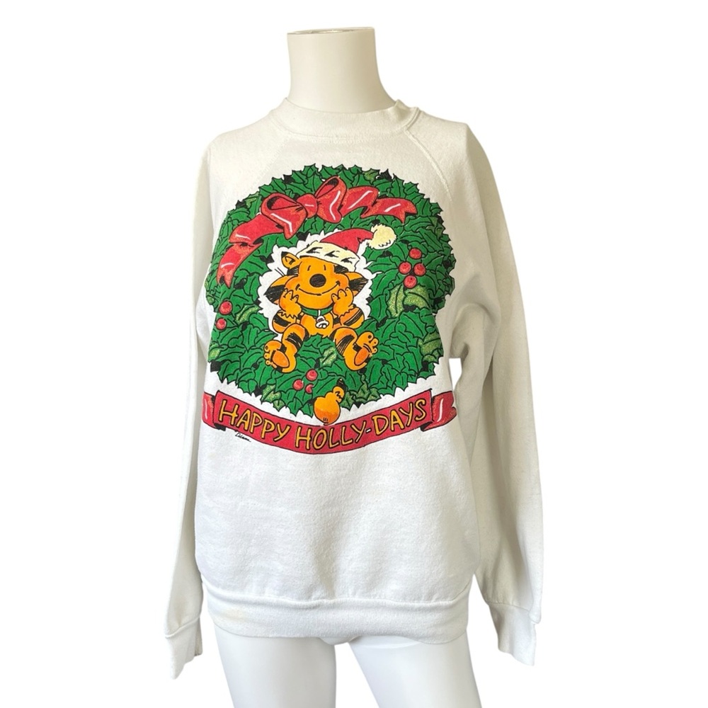 Vintage Cat Christmas Sweater Happy Jolly-Days Made in USA Size Large L